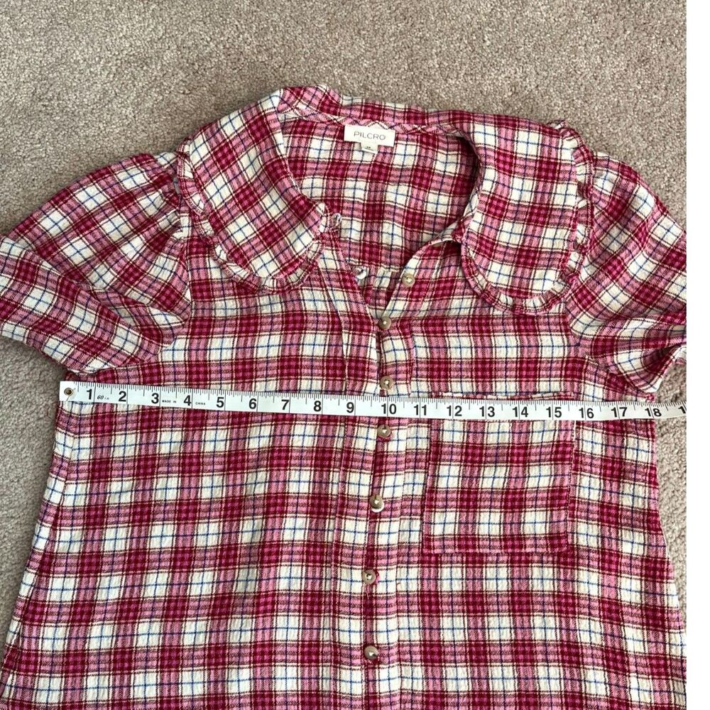 Anthropology Pilcro Keira Plaid Ruffle Peter Pan Collar Blouse Pink Red Size XS - Picture 5 of 6